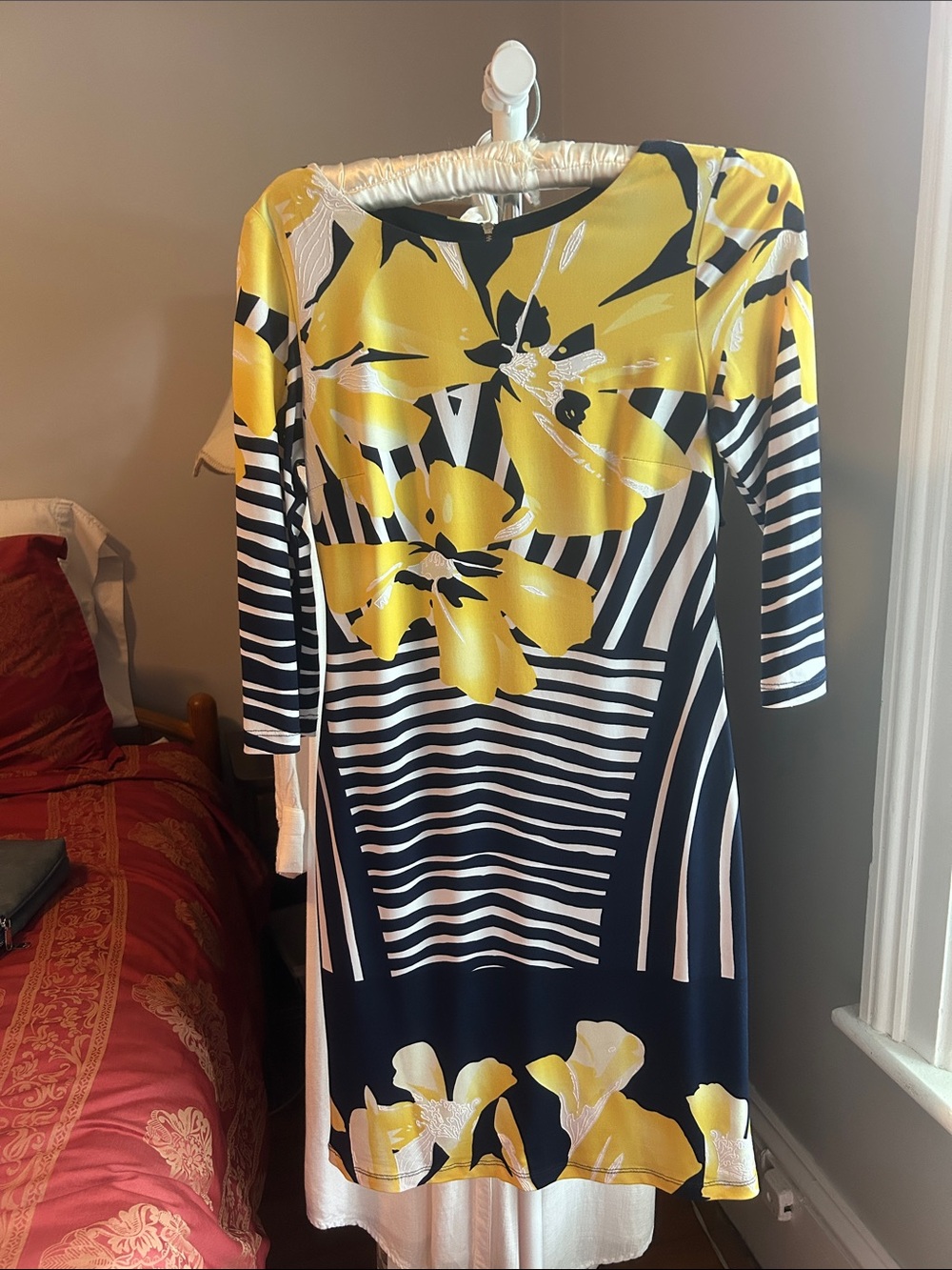 Frank Lyman Design midi daffodil dress in yellow navy and white